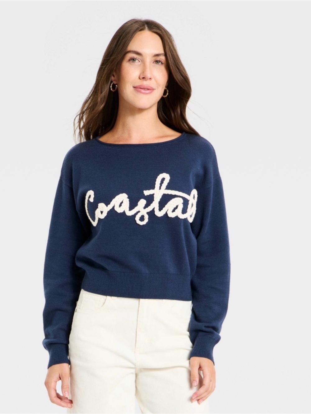 Universal Thread Navy Sweater with knit coastal script NEW size medium